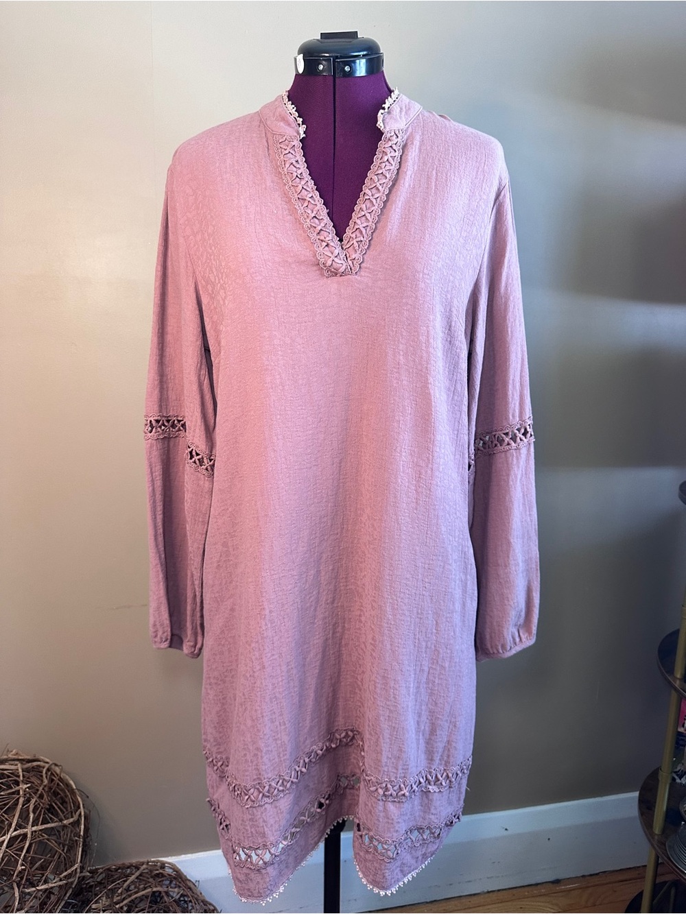 Laffaire Linen/Cotton Dress, Dusty Rose, Crochet & Lace, Renaissance, Beach